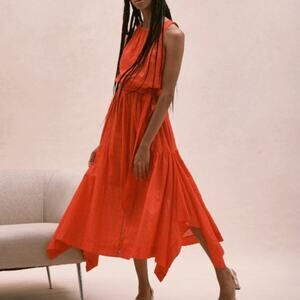 Toccin (ny) Boho Eyelet Handkerchief Maxi Dress Spring Summer Red Orange Ties